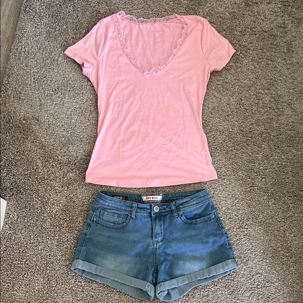Hot Kiss Denim Shorts and lace V-top